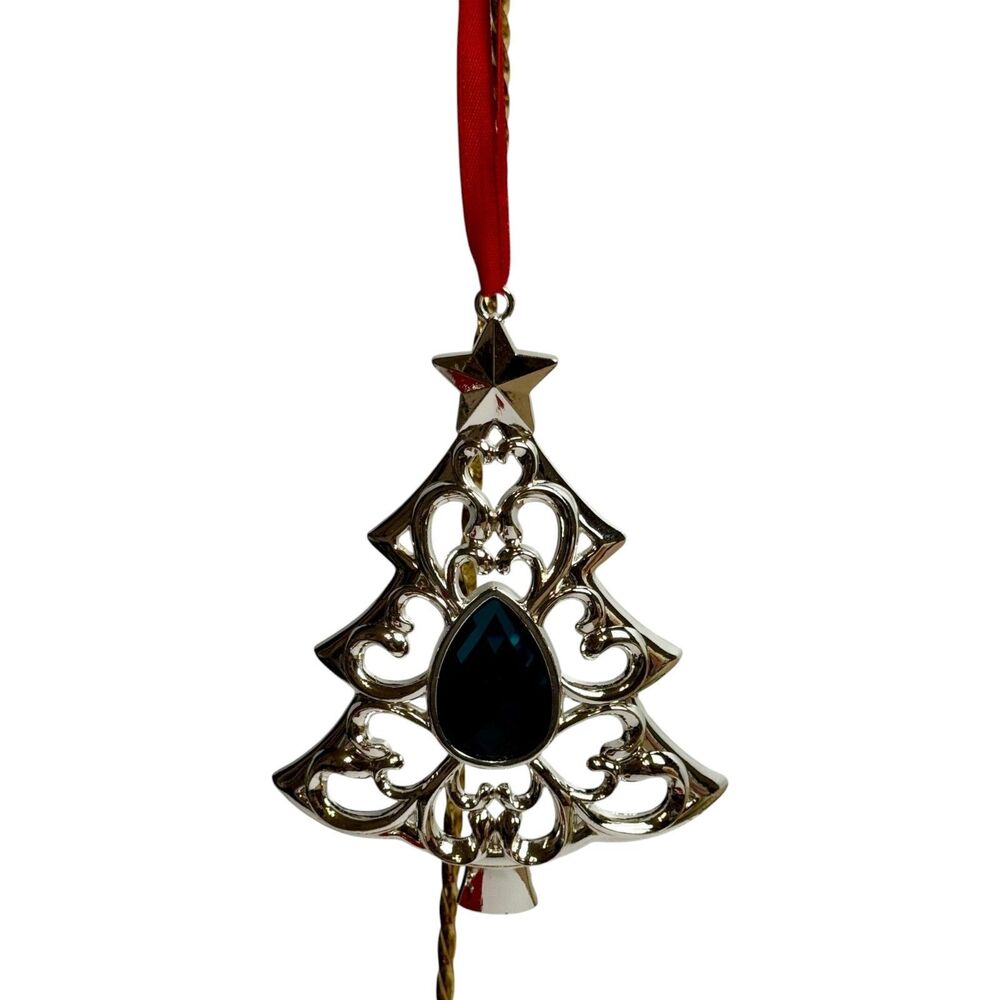 Lenox Christmas Ornament Bejeweled Green Stone Silver Tone Red Hanger 4.5in